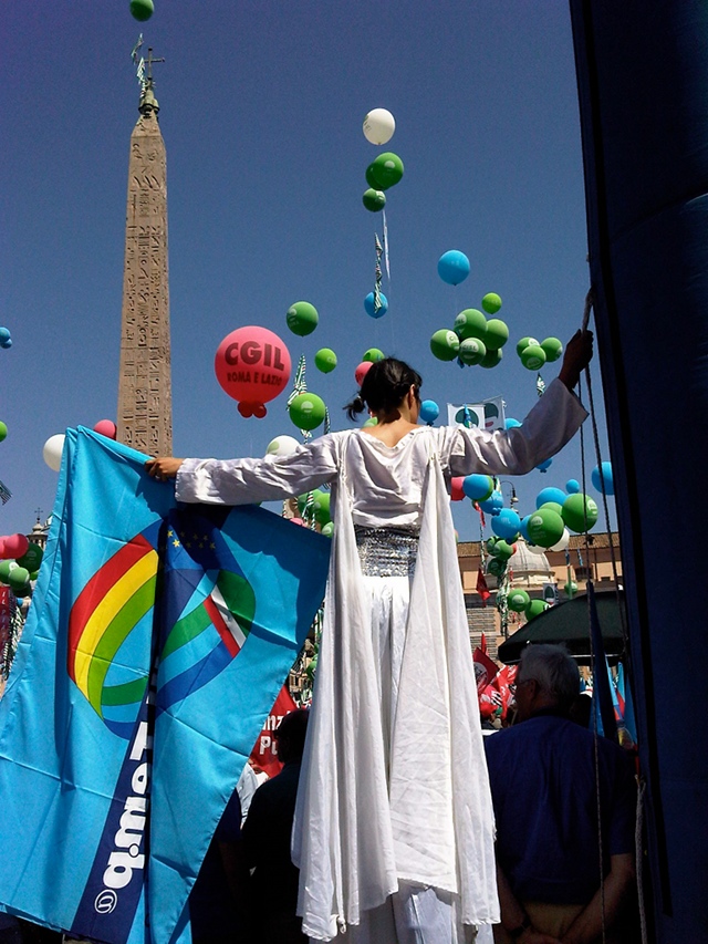 Protesting on Stilts at Union Demonstration in Piazza del Popolo, Rome