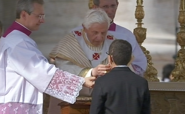 Jake Finkbonner getting Communion from Pope Benedict XVI