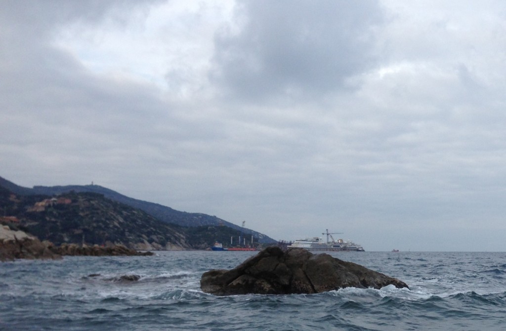 The small group of rocks known as "Le Scole" just off the Island of Giglio.  The Costa Concordia gashed its hull on this rock. Photo by Trisha Thomas, January 11, 2014