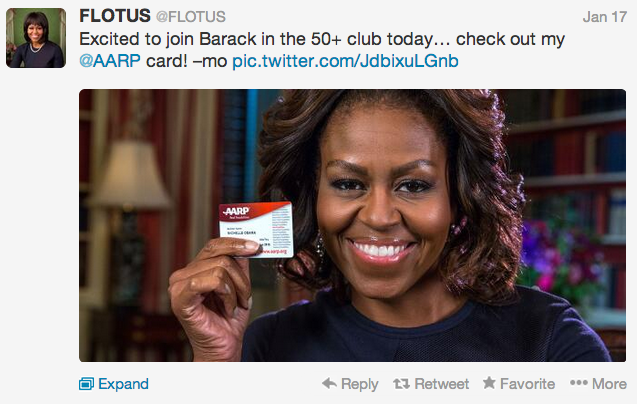 Freeze Frame of Tweet by Michelle Obama showing her new AARP card on her 50th Birthday.