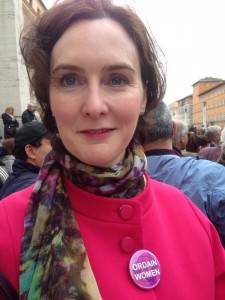 Miriam Duignan of Women Can Be Priests waiting on Via Della Conciliazione for Obama's motorcade to pass. March 27, 2014. Photo by Trisha Thomas