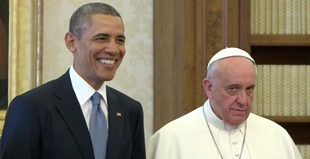 President Obama with Pope Francis at Vatican. March 27, 2014. Freeze Frame of Vatican TV video