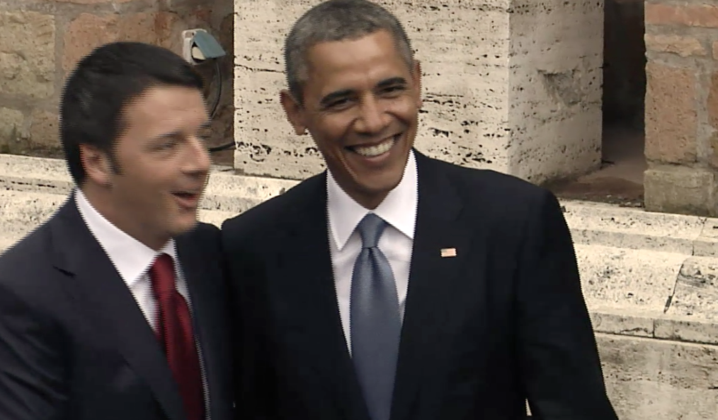 Italian Prime Minister Matteo Renzi meets with President Barack Obama at Villa Madama, Rome. March 27, 2014. Freeze Frame of video shot by AP Television Cameraman Luigi Navarra