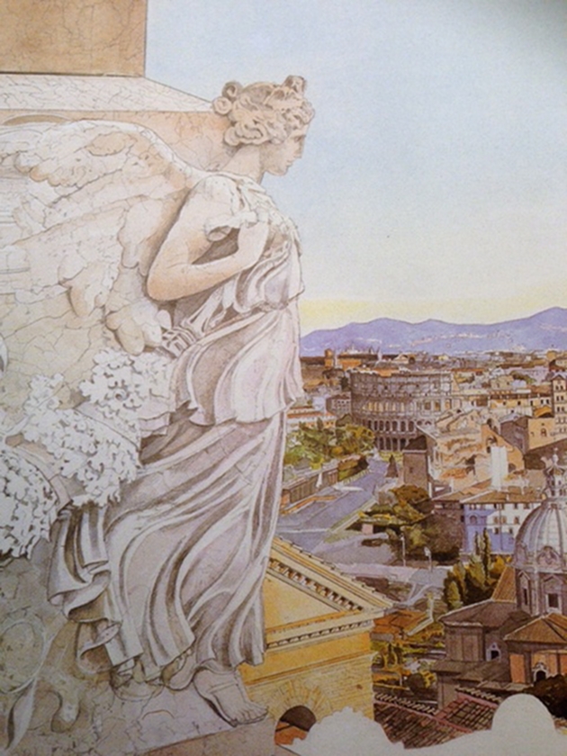 A detail fro Marcella Morlacchi's "Rome from the Victor Emmanuel Monument -- From the Colosseum to City Hall to the Tiber."