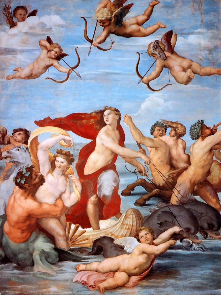 The "Triumph of Galatea", a fresco painted on the ceiling of Villa Farnesina in Rome by Raphael.  At the center is a figure based on the Roman Courtesan Imperia.