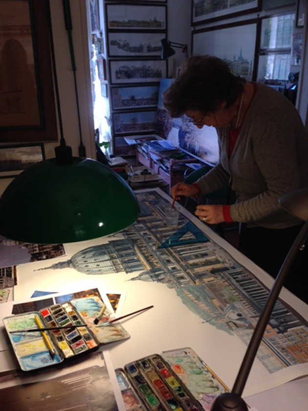 Marcella Morlacchi working on a water-color painting of the Vatican. May 2014, Photo by Trisha Thomas