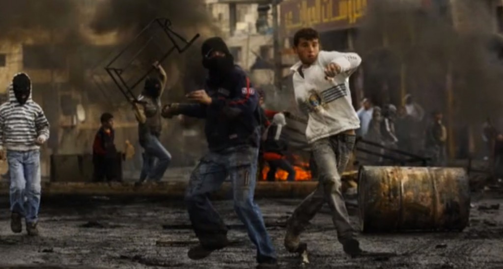 Freeze frame of video shot by Simone Camilli of protest in Gaza