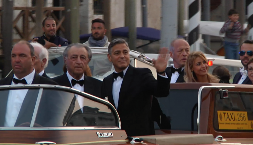 George Clooney heading to his wedding ceremony in a water taxi in Venice.  Freeze frame of video shot by AP Television cameraman Gianfranco Stara. September 27, 2014