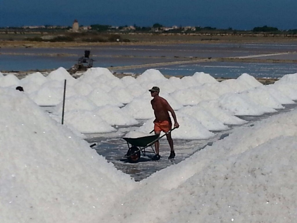 A salt worker at the Stagnone Lagoon on the Salt Road between Marsala and Trapani, Sicily. Photo by Lynn Rodolico, August 29, 2014.