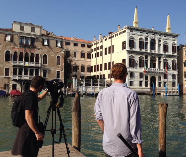 APTN video-journalist Pietro De Cristofaro and William Lewis filming the 7-Star Hotel Aman in Venice where Amal Alamuddin, Clooney's bride-to-be is expected to be staying. September 25, 2014. Photo by Trisha Thomas