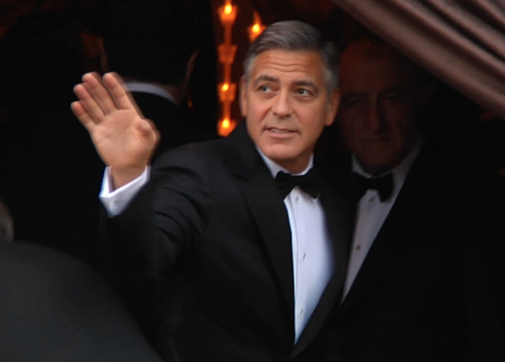 George Clooney waves goodbye to photographers before heading into his wedding at the Aman Hotel in Venice. September 27, 2014. Freeze frame of video shot by Gianfranco Stara per AP Television