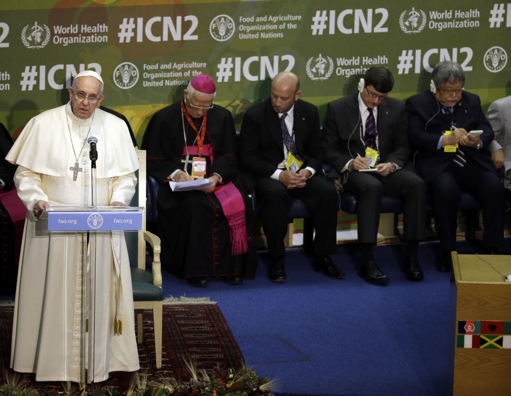 Pope Francis delivers his speech during the United Nations Food and Agriculture Organization (FAO) second International Conference on Nutrition, in Rome, Thursday, Nov. 20, 2014. Photo by AP Photographer Gregorio Borgia