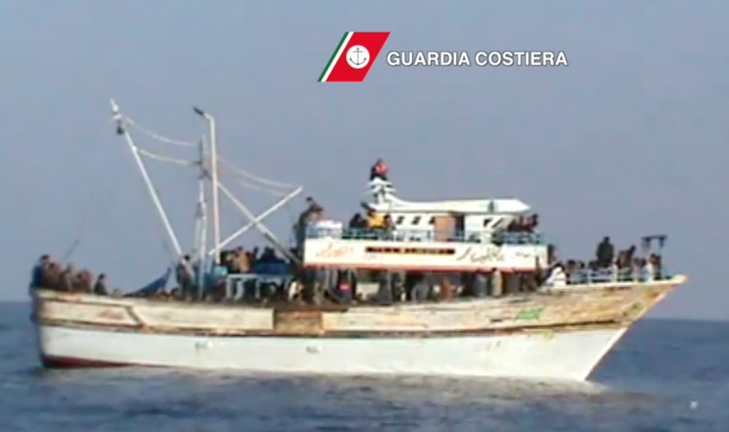 Freeze frame of Coast Guard video of a migrant ship heading towards Sicily on November 3, 2014.  There were 329 migrants on board.
