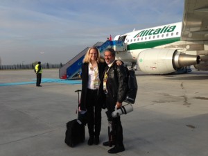 AP's Nicole Winfield and Gregorio Borgia ready to board Papal Plane in Ankara, Turkey. November 29, 2014. Photo by Trisha Thomas