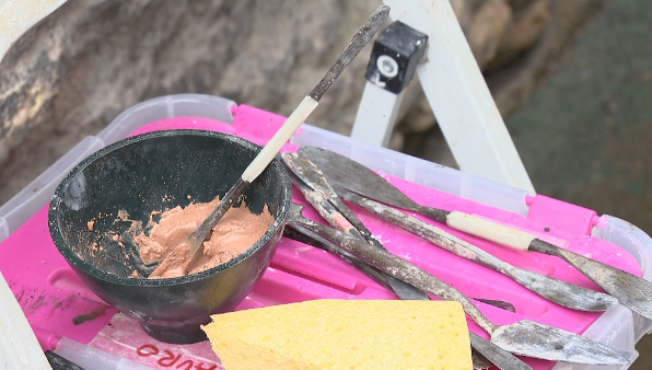 Tools used by restorer Sonia Lanzelotti to repair wall at Colosseum damaged by a vandal. Freeze frame of video shot by AP Television cameraman Luigi Navarra. November 26, 2014