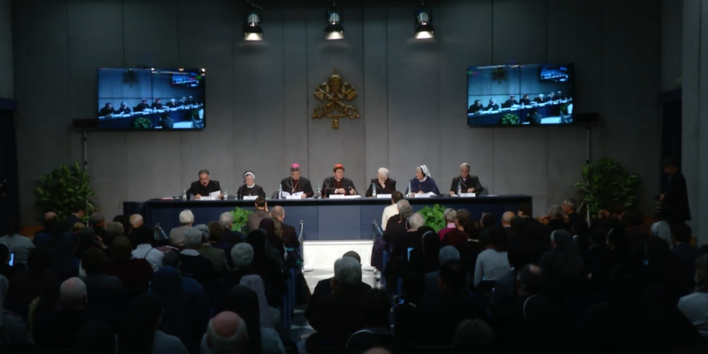 Press conference on Apostolic Visitation of US Nuns at the Vatican.  Freeze frame of video shot by AP Television cameraman Pietro De Cristofaro. December 16, 2014