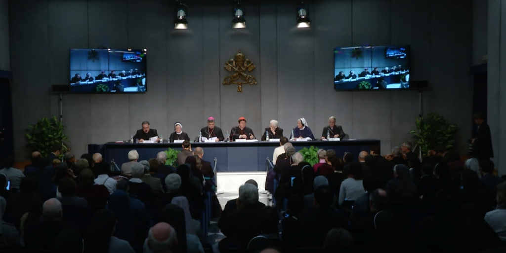 Press conference on Apostolic Visitation of US Nuns at the Vatican. Freeze frame of video shot by AP Television cameraman Pietro De Cristofaro. December 16, 2014