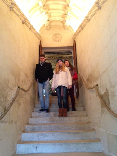 Niccolo', Chiara and Caterina on the stairs at Chenonceau Castle in the Loire Valley. Photo by Trisha Thomas, January 3, 2015