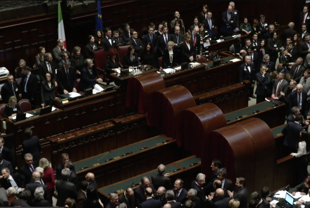 Members of Parliament standing around waiting during the Italian Presidential Election. Freeze Frame of video shot by APTN cameraman Paolo Lucariello, Rome, January 29, 2015