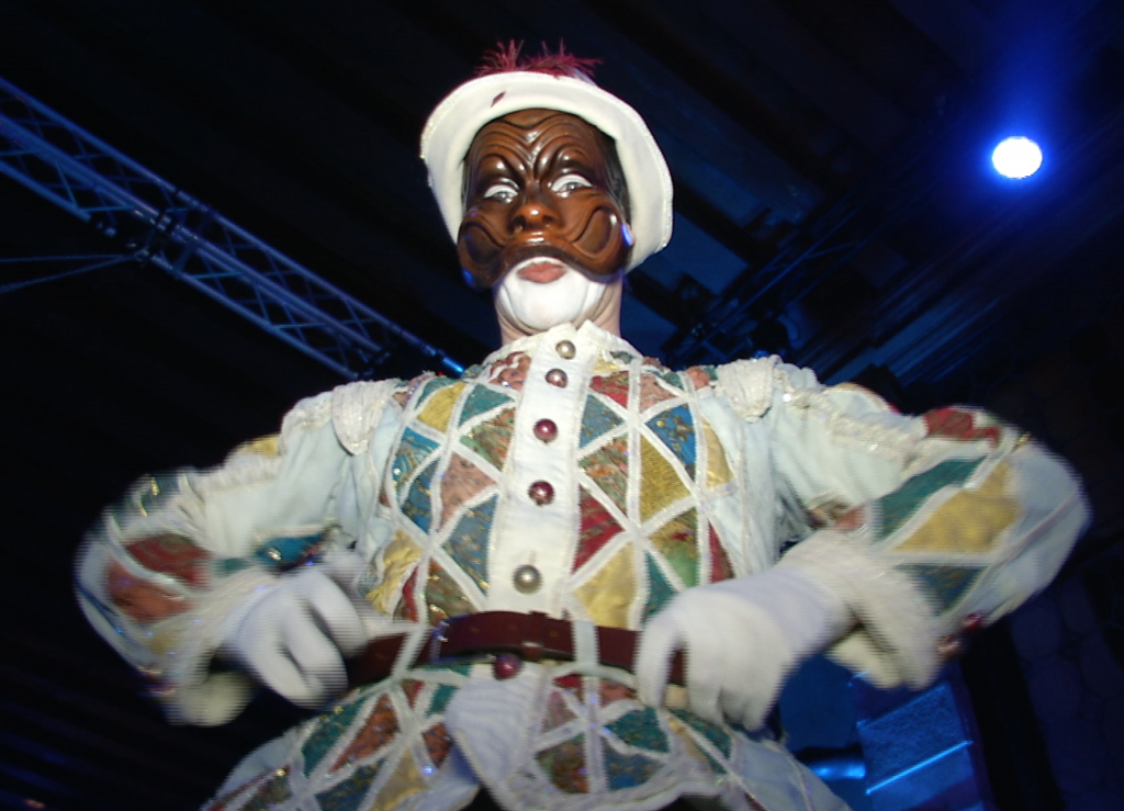 Harlequin from Commedia Dell'Arte performing at Il Ballo del Doge. Venice, February 7, 2015. Freeze frame of video shot by AP Television Cameraman Gigi Navarra