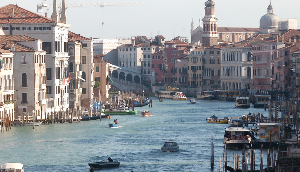 View of the Grand Canal looking towards the Rialto  Bridge from the balcony of a room at the University of Venice, Ca' Foscari.  February 9, 2015. Freeze frame of video shot by AP Television Cameraman Gigi Navarra