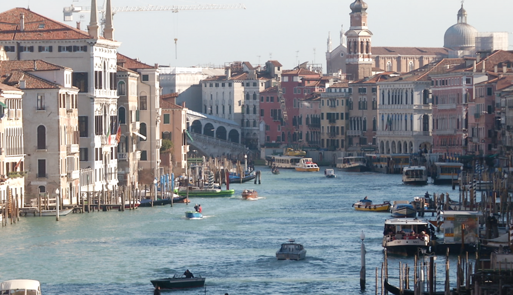 View of the Grand Canal looking towards the Rialto Bridge from the balcony of a room at the University of Venice, Ca' Foscari. February 9, 2015. Freeze frame of video shot by AP Television Cameraman Gigi Navarra