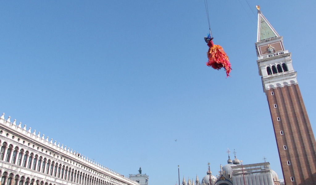 The Flying Angel descends from the Bell Tower into St.Mark's Square. February 7, 2015. Freeze frame of video shot by AP Television Cameraman Gigi Navarra.