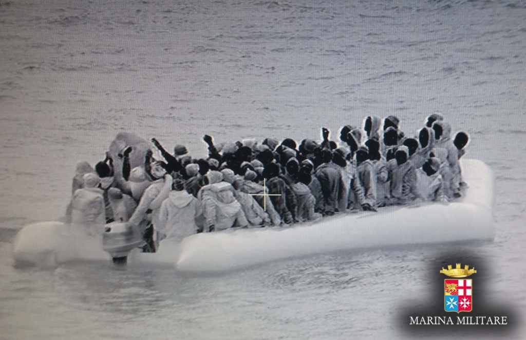 Italian Navy photo of migrants in rubber dinghy in LIbyan waters January 15, 2015