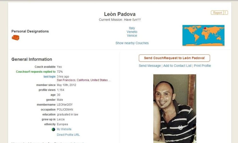 Freeze frame of Dino Maglio's Couchsurfing profile page. Photo provided by: Investigative Reporting Project Italy. www.irpi.eu