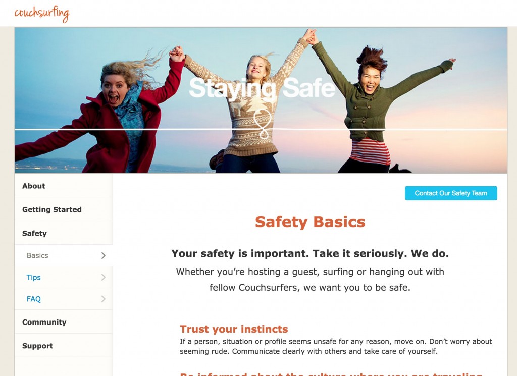 A list of safety basics on the Couchsurfing website.
