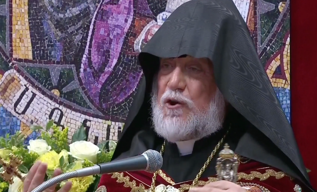 Aram I Catholicos of the Holy See of Cilicia of the Armenian Apostolic Church speaks in St. Peter's Basilica. April 12, 2015. Freeze frame of video shot by Vatican TV. 
