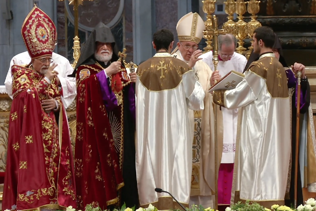 Pope Francis with Armenian Religious leaders His Beatitude Nerses Bedro XIX Tarmouni, His Holiness Karekin II and His Holiness Aram I at Mass in St. Peter's Basilica April 12, 2015. Freeze frame of Vatican TV video