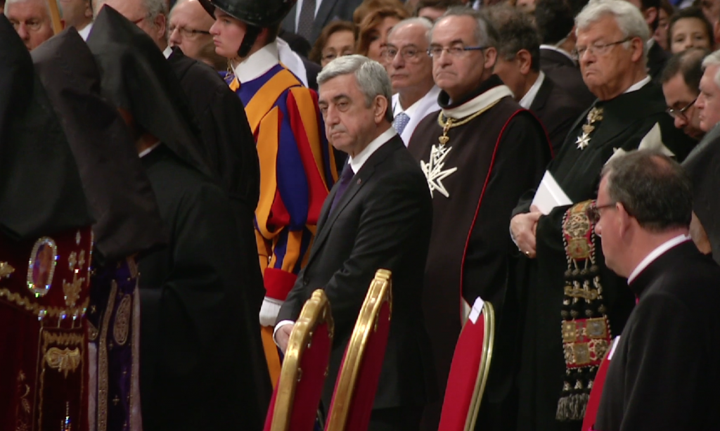 President of Armenia Serzh Sargsyan at the Armenian Rite Mass in St. Peter's Basilica in honor of the 100th anniversary of the Armenian Genocide. Freeze frame of video shot by AP Television cameraman Luigi Navarra. April 12, 2015