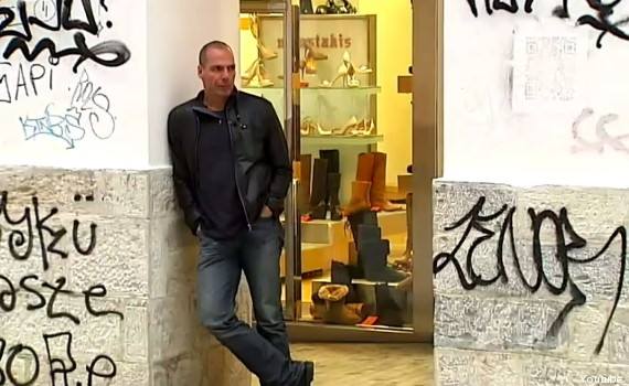 Greek Finance Minister Yanis Varoufakis with leather jacket, jeans and no tie.