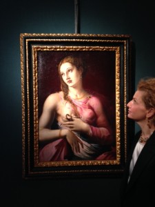 Antiques dealer Alessandra Di Castro looks at "Cleopatra" by Leonardo Grazia hanging in her gallery at Piazza di Spagna 4, Rome. April 28, 2014. Photo by Trisha Thomas