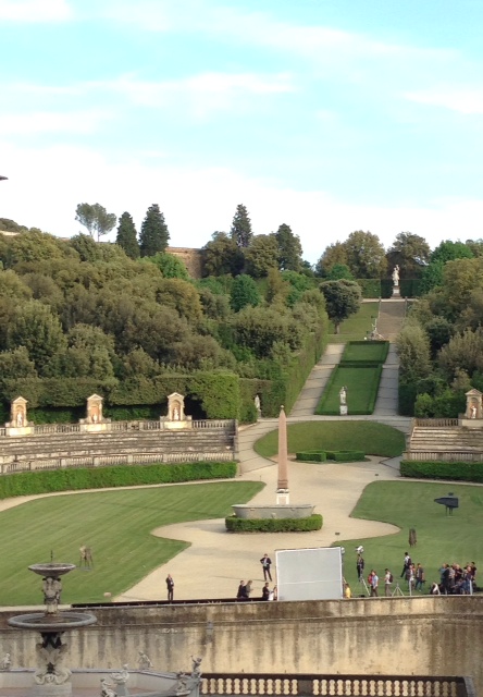 View from the window of Palazzo Pitti in Florence of the crew and cast of "Inferno" filming in the Boboli Gardens. Photo by Trisha Thomas, May 11, 2015