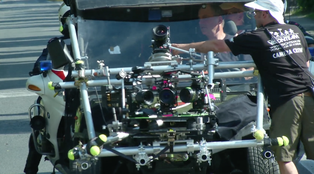 Cool camera car near the Porta Romana in Florence during the filming of "Inferno". Freeze frame of video shot by AP Television Cameraman Pietro De Cristofaro. Florence, May 11, 2015