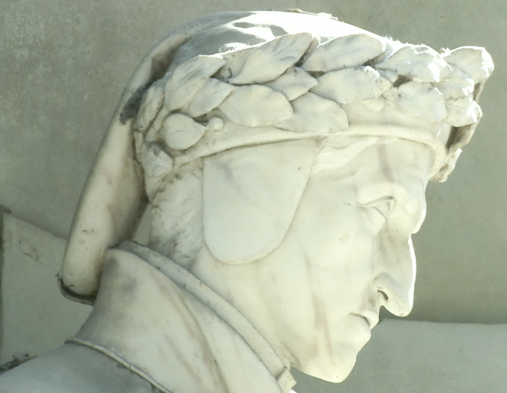 Close of up head of Dante Alighieri on a statue on the side of the Uffizi Gallery in Florence. Freeze frame of video shot by AP Television cameraman Pietro De Cristofaro. Florence, May 11, 2015