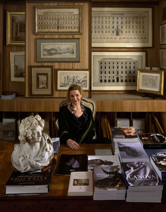 Alessandra Di Castro at her desk in her gallery at No. 4 Piazza di Spagna, Rome