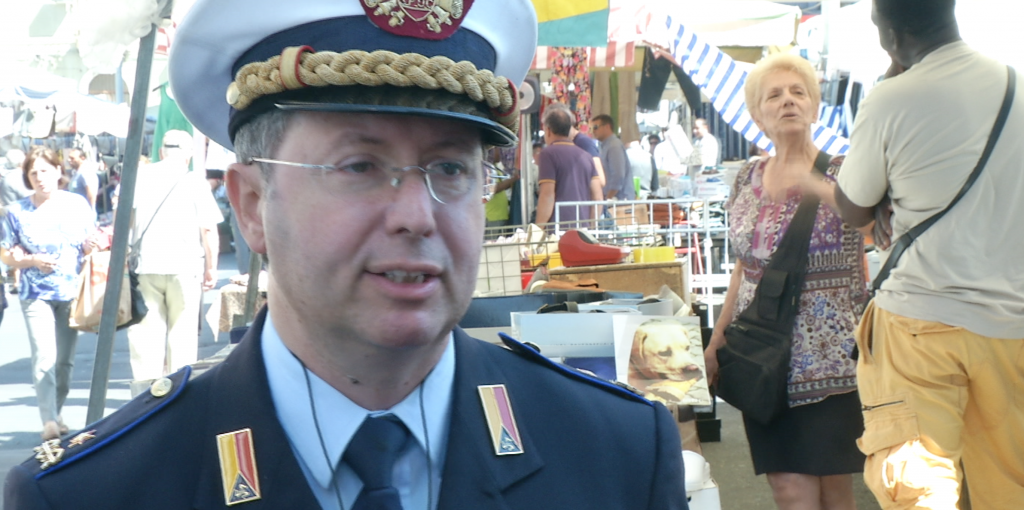General Pietro Belfiore, chief of the local police in Catania speaking to AP at the main market in Catania, Sicily May 8, 2015.  Freeze frame of video shot by AP video-journalist Andrea Rosa