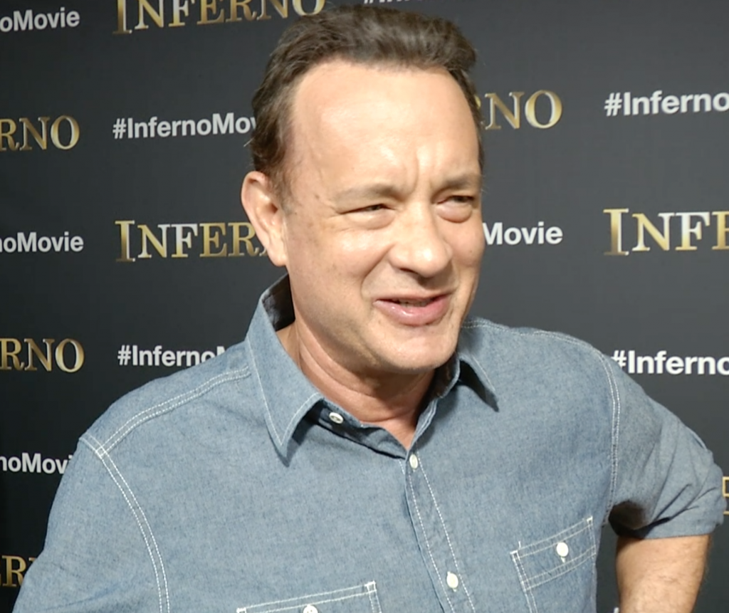 Tom Hanks saying "cinquecento" during interview with AP Television on set of "Inferno" in Florence. Freeze frame of video shot by AP cameraman  Pietro De Cristofaro May 11, 2015