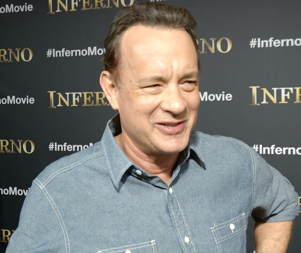 Tom Hanks saying "cinquecento" during interview with AP Television on set of "Inferno" in Florence. Freeze frame of video shot by AP cameraman Pietro De Cristofaro May 11, 2015