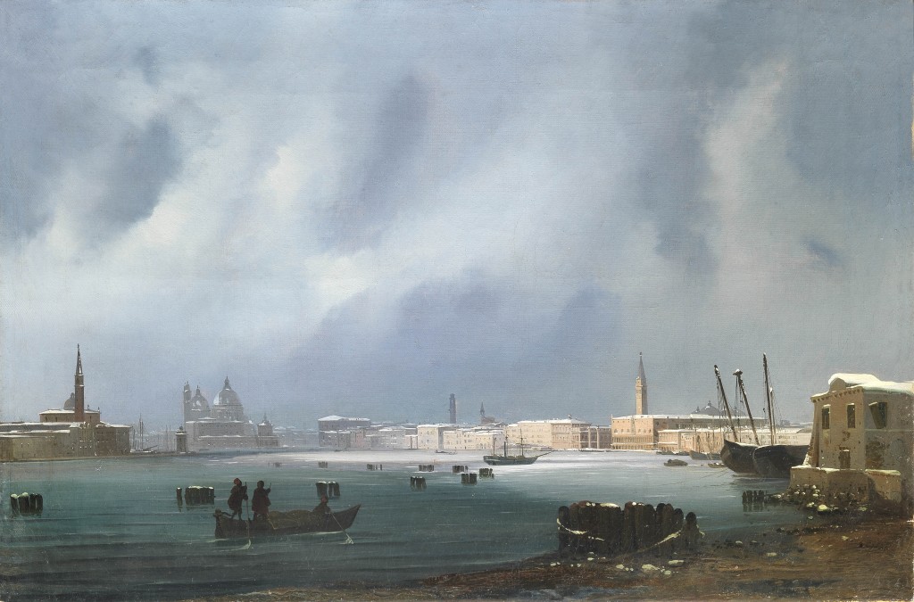 "View of St. Mark's Basin in Venice Under the Snow" painting by Ippolito Caffi. Born Belluno, 1809 - died LIssa, 1866.  