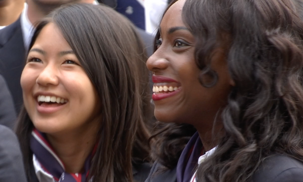 American students greet First Lady Michelle Obama at the US Pavilion at Milan EXPO 2015. Freeze frame of video shot by AP Television Cameraman Gigi Navarra