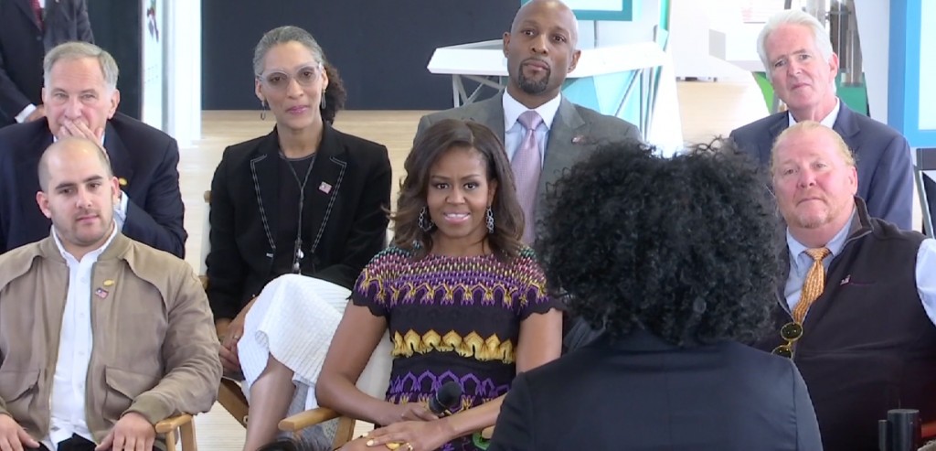 First Lady Michelle Obama taking question from a student at the US Pavilion at Milan EXPO 2015. June 18, 2015. Freeze Frame of video shot by AP cameraman Gigi Navarra.