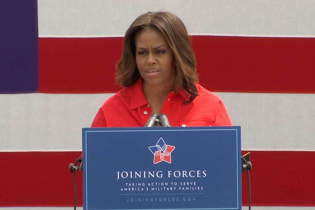 Michelle Obama speaking about her "heartache" over the "senseless tragedy" in Charleston, South Carolina. June 19, 2015. Freeze frame of video shot by AP Television Cameraman Gigi Navarra