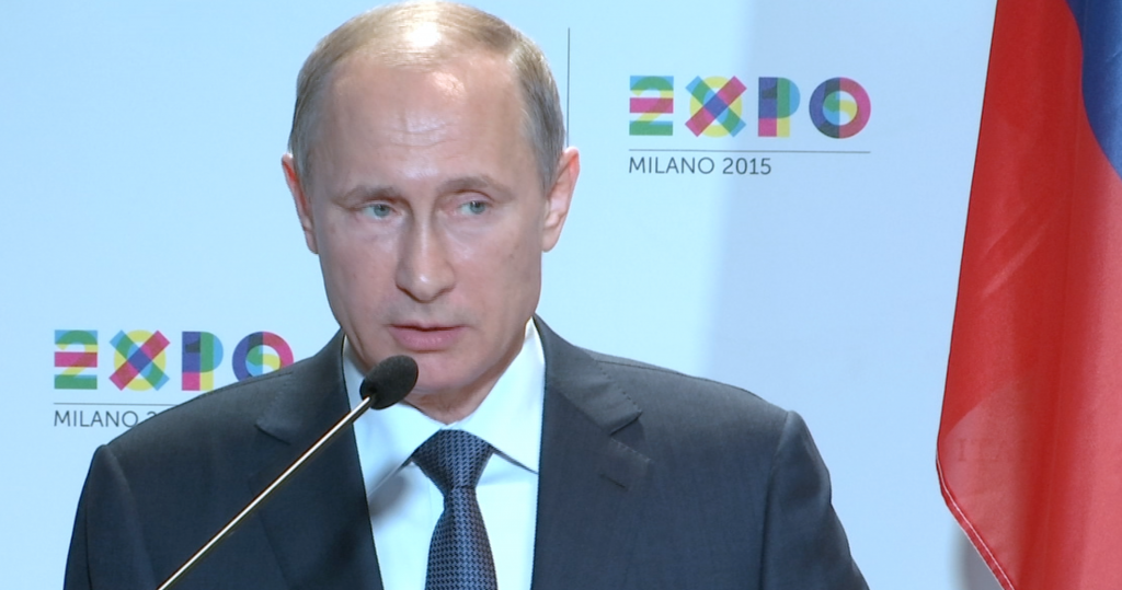 Russian President Vladimir Putin speaking at a press conference on Russia Day at Milan EXPO 2015. June 10, 2015. Freeze frame of video shot by AP Television cameraman Pietro De Cristofaro