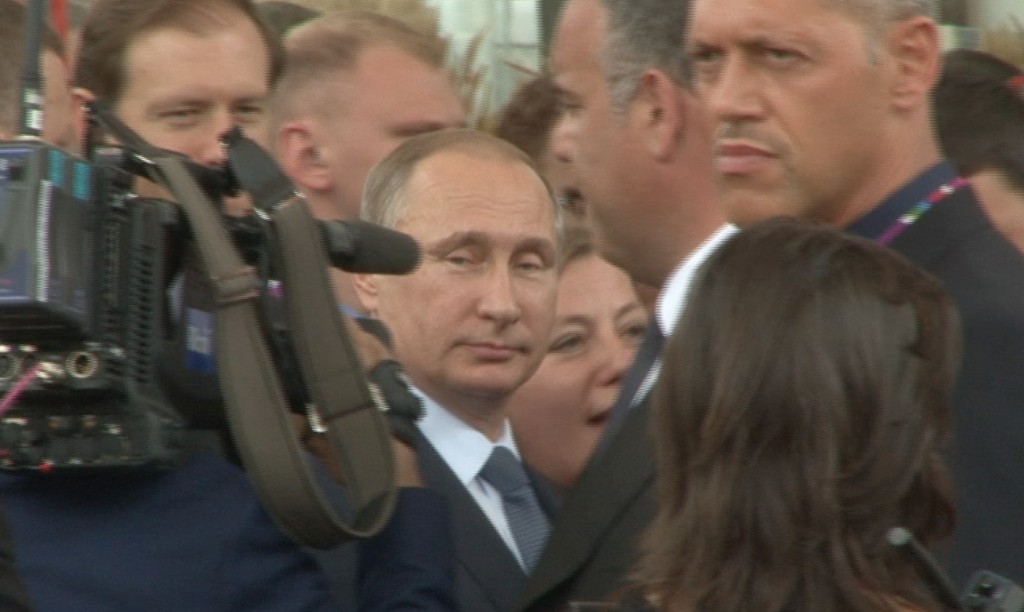 Russian President Vladimir Putin heading for Russian Pavilion at EXPO 2015 in Milan. June 10, 2015. Freeze frame of video shot for AP Television by Brian Hendrie.
