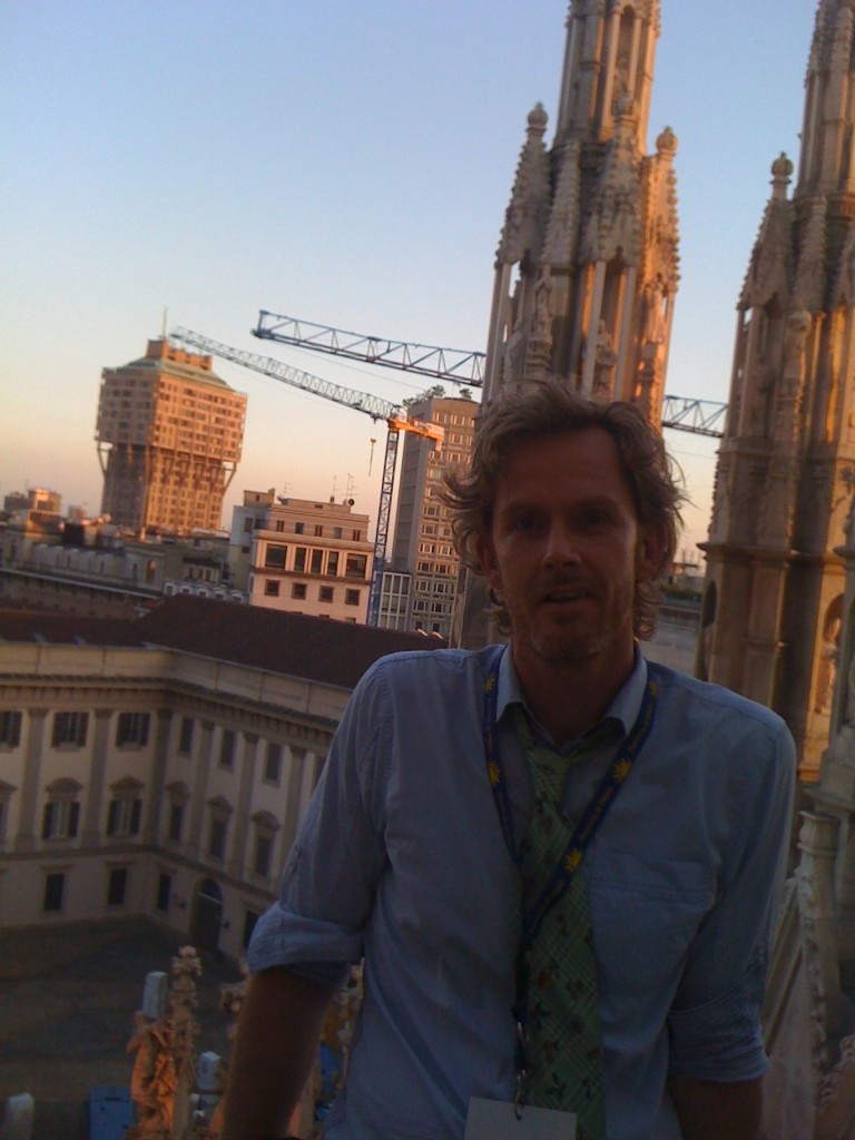 Michael Day, journalist and author of "Being Berlusconi" on the roof of Milan's Cathedral while covering Silvio Berlusconi receiving the "Grande Milano" award.  Milan,  July 19, 2010.