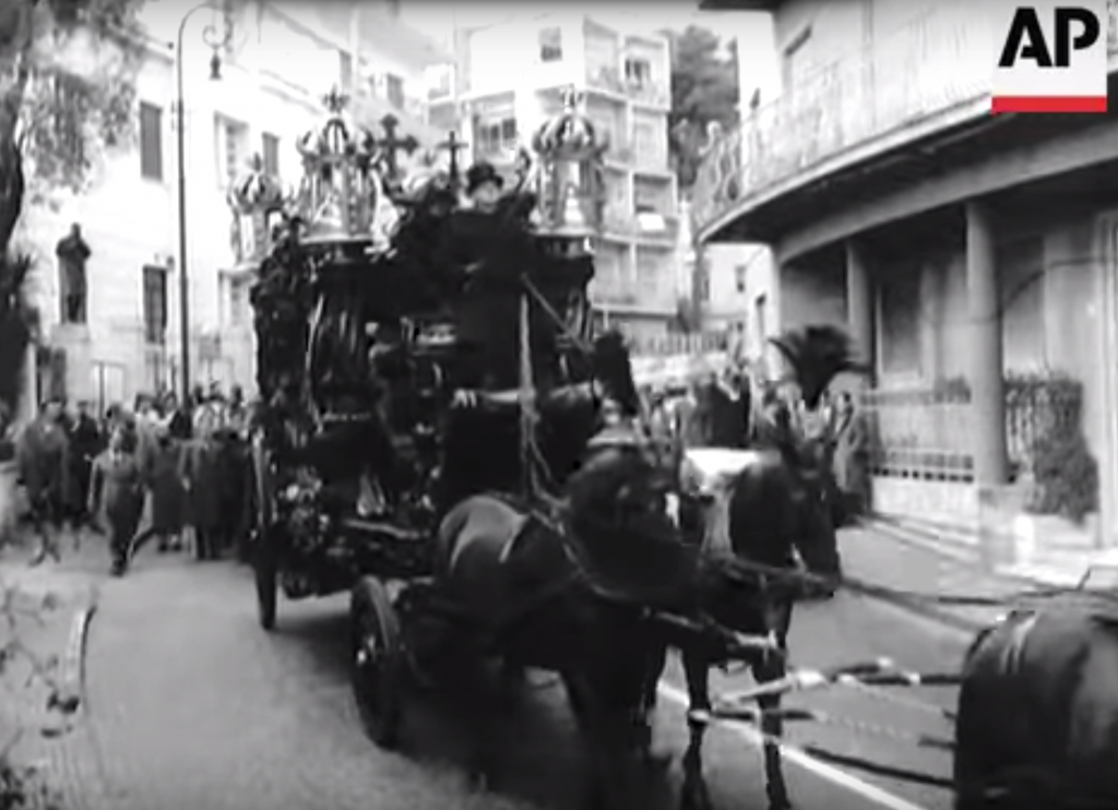 Freeze frame of video from AP archive footage of the funeral of Mafia boss Lucky Luciano.  January 1962, Naples, Italy